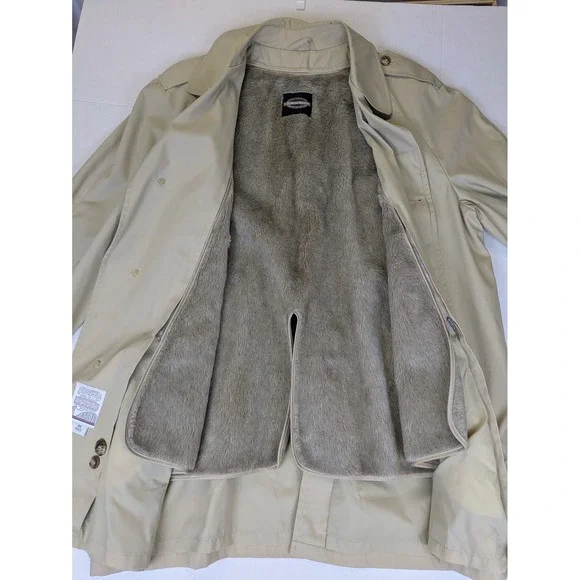Towncraft Trench Coat Mens Large 44 Reg Tan Zip Out Faux Fur Lining Vintage USA - Picture 8 of 12